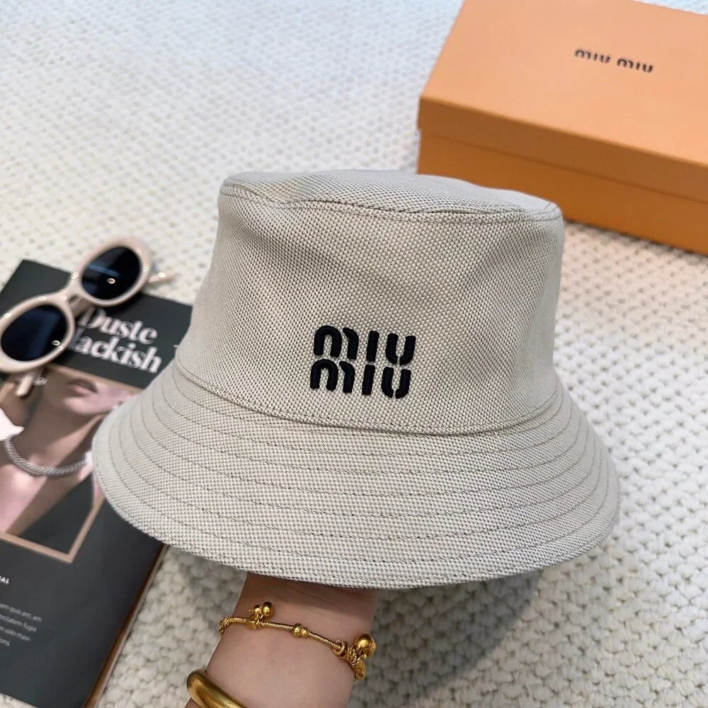 Miu Miu Off White Embroidered Logo Canvas Bucket Hat